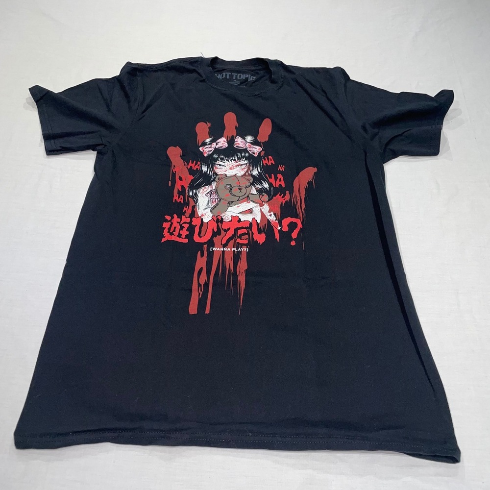 Hot Topic Mens Horror Anime Wanna Play Graphic T-Shirt Black Medium